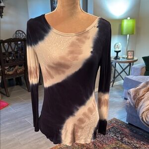 INC International Concepts Blue Tan Long Sleeve Scoop Neck Blouse